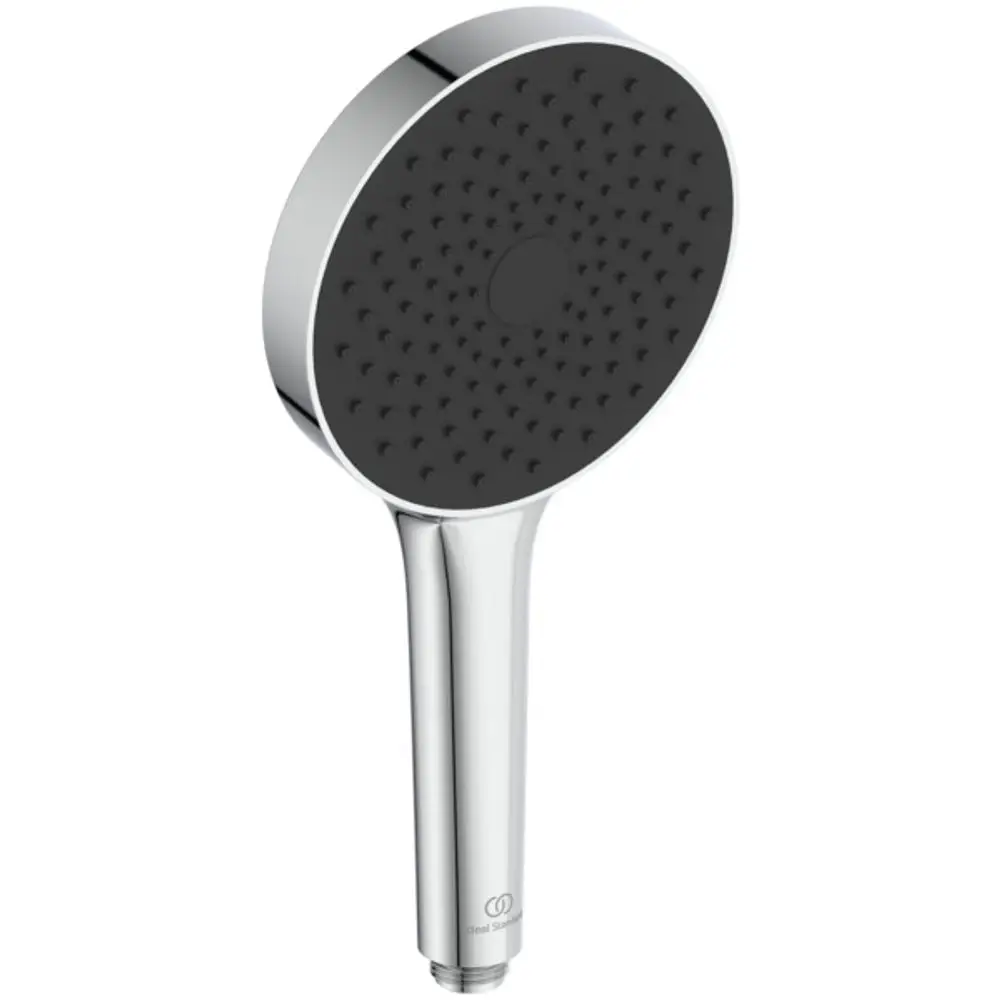 Handbrause mit runder Kopfplatte und gummierten Sprudlern in Schwarz, verchromter Griff. Produkt von Ideal Standard, geeignet für die Montage an der Duscharmatur.